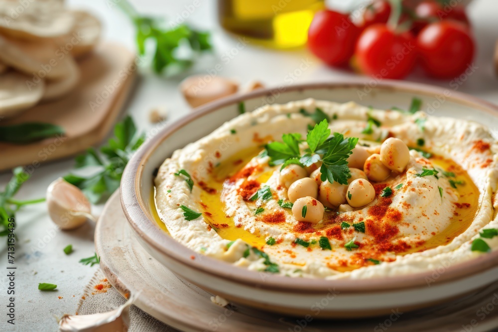 Traditional Classic Hummus on a plate. Food photography. Proper nutrition Traditional Classic Hummus on a plate. Food photography. Proper nutrition