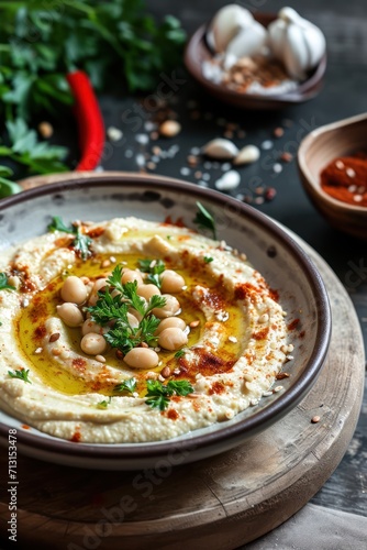 Traditional Classic Hummus on a plate. Food photography. Proper nutrition