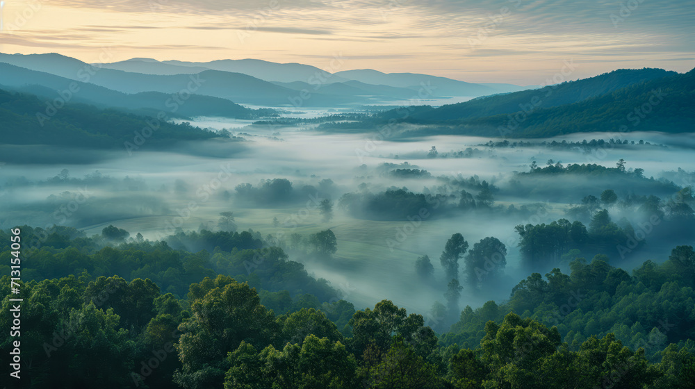 Misty Morning Over Forested Valley