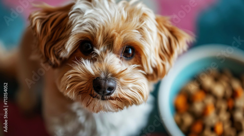 Little cute dog maltipoo feeds from a bowl. Direct look of the dog. Light blue and pink color palette. Generative AI