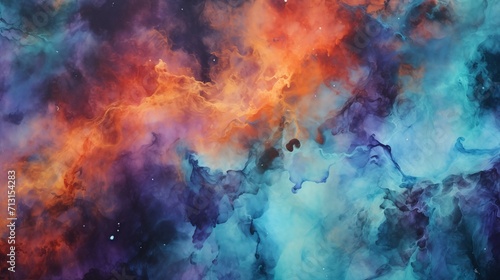 Abstract Nebula Clouds in Fluid Composition, Richly Detailed Backgrounds, Light Indigo and Orange, Dark Cyan Ink Watercolor Painting Texture Background photo