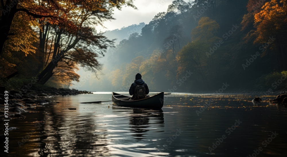Amidst the serene autumn landscape, a lone figure navigates their canoe through the misty river, surrounded by towering trees and distant mountains, their paddle gliding effortlessly through the calm Amidst the serene autumn landscape, a lone figure navigates their canoe through the misty river, surrounded by towering trees and distant mountains, their paddle gliding effortlessly through the calm