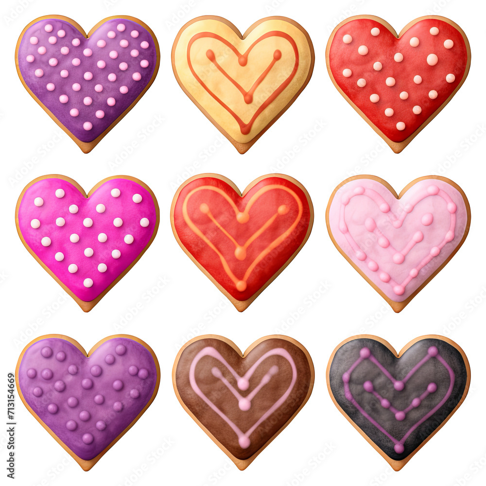 Set of Heart Love shape cookies colourful #07 cutout on transparent background. Valentine's day-wedding. advertisement. product presentation. banner, poster, card, t shirt, sticker.