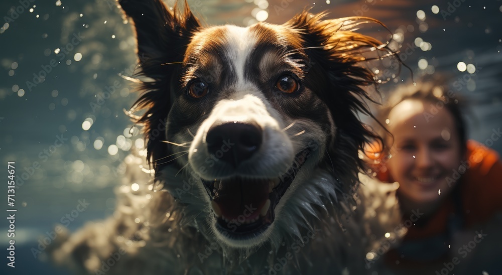 A joyful dog of a particular breed happily swims in the cool waters, with its mouth open and a human face in the background, enjoying the outdoors with its favorite person A joyful dog of a particular breed happily swims in the cool waters, with its mouth open and a human face in the background, enjoying the outdoors with its favorite person