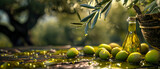 Fresh natural green olives on the ground, olive branches, bokeh, oil, soft light at sunrise