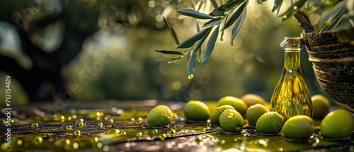 Fresh natural green olives on the ground, olive branches, bokeh, oil, soft light at sunrise photo