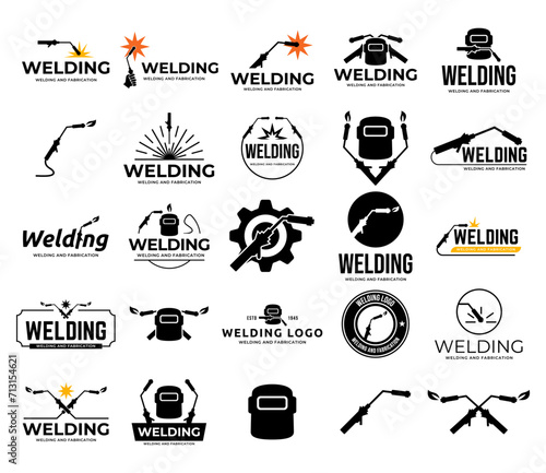 Flat illustration welding torch logo design. Welder tool with spark vector design. Welding work logotype
