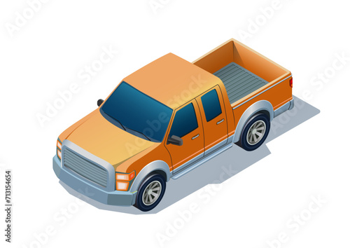 Isometric orange modern pickup truck.