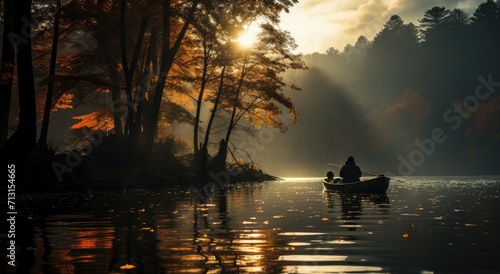 As the sun sets over the fog-covered lake, a lone figure glides through the tranquil waters, surrounded by the vibrant hues of autumn foliage and the peaceful stillness of nature