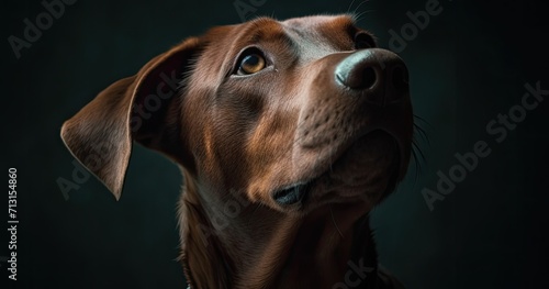 A loyal brown dog of an unknown breed gazes up with its snout pointed towards its collar, a faithful and beloved pet to its owner photo