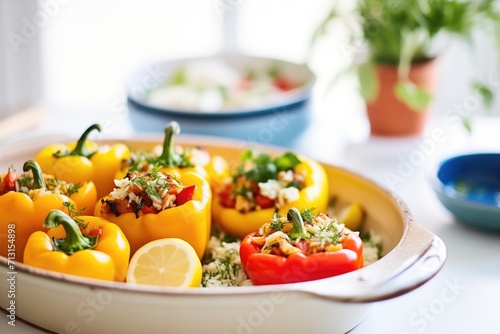 stuffed peppers in baking dish fresh from oven