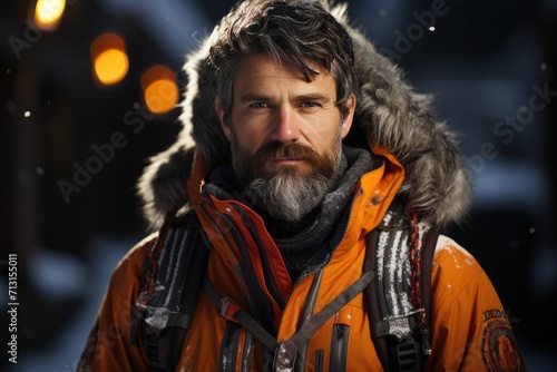 A rugged man with a warm fur hooded jacket and a full beard stands outdoors in the winter, exuding confidence and style with his leather coat, scarf, and moustache © Larisa AI