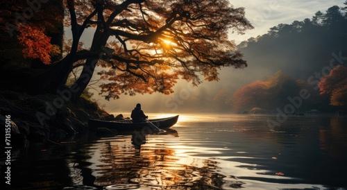 Amidst a tranquil autumn landscape, a lone figure floats in their canoe on the glassy lake, surrounded by the golden glow of sunrise and enveloped in a mystical fog