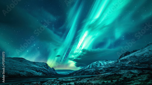 Spectacular aurora borealis (northern lights) in the snowy mountains. Winter landscape night scenery. Generative AI