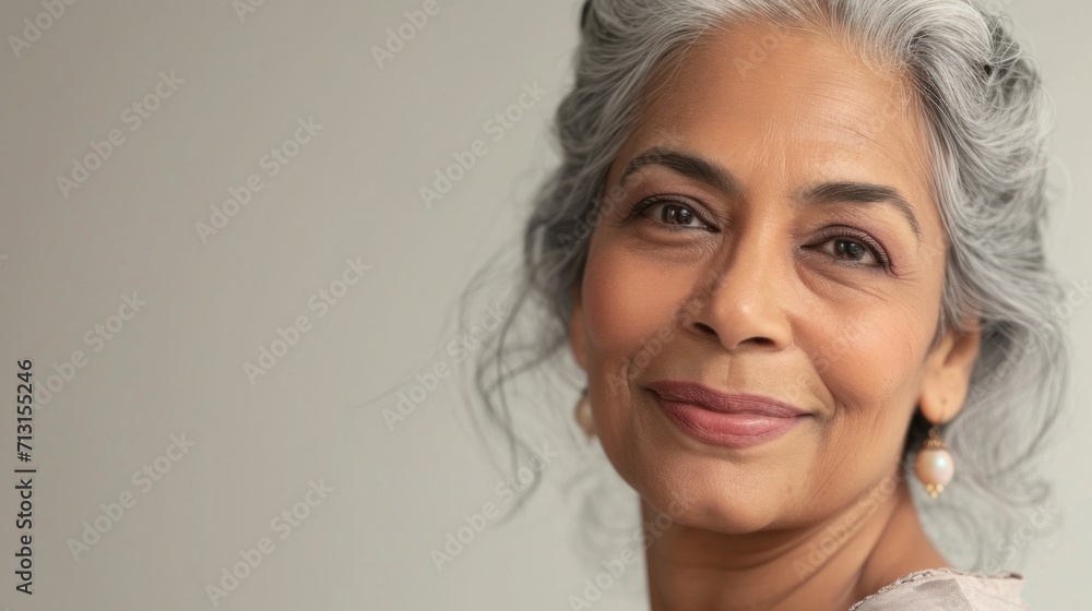Happy Indian senior woman with stylish grey hair and wrinkles, smiling in a studio setting. Happy Indian senior woman with stylish grey hair and wrinkles, smiling in a studio setting.