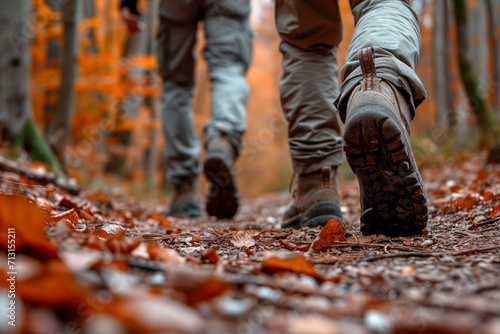 Hikers Trekking on Autumn Trail. Close-up on hiking boots walking through fall foliage.