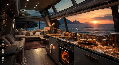 Amidst the gentle sway of the ship, a kitchen is adorned with sleek furniture and framed by the endless expanse of ocean, offering a tranquil indoor escape © Larisa AI