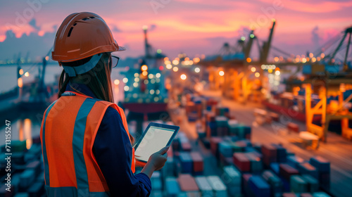 Female Engineer Overseeing Port Operations at Dusk. A female engineer in a safety helmet and high-visibility vest uses a tablet at a bustling port with cargo containers at twilight. photo