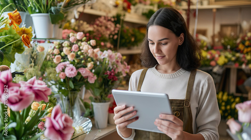 Florist Managing Orders on Digital Tablet. Entrepreneur in flower shop using tablet amidst fresh blooms.