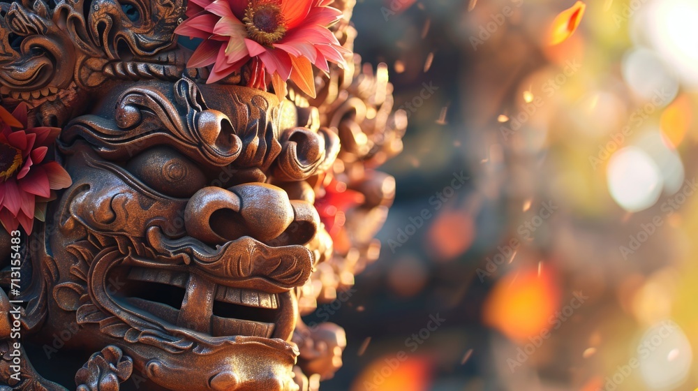 A close-up view of a statue with a beautiful flower delicately placed in its hair. This image can be used to add a touch of elegance and nature to various projects A close-up view of a statue with a beautiful flower delicately placed in its hair. This image can be used to add a touch of elegance and nature to various projects