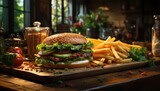 A savory american classic, a juicy burger topped with crisp fries is presented on a rustic wooden board, beckoning with the promise of indulgence and nostalgia at a cozy indoor table