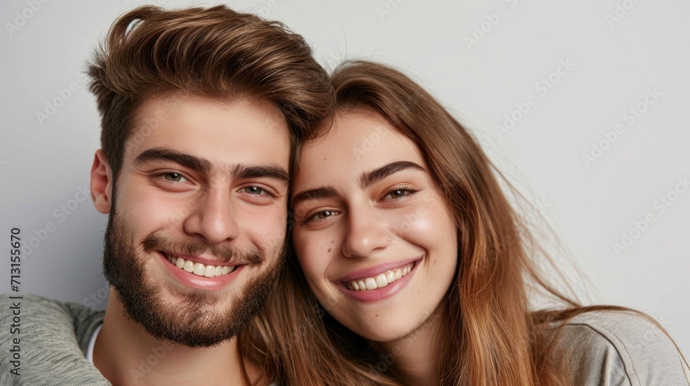 Happy young couple with trendy hairstyles posing against a well-lit backdrop. Happy young couple with trendy hairstyles posing against a well-lit backdrop.