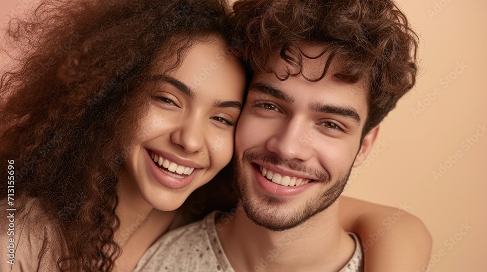Radiant smiles from a stylish Caucasian couple in a studio with ample lighting. Radiant smiles from a stylish Caucasian couple in a studio with ample lighting.