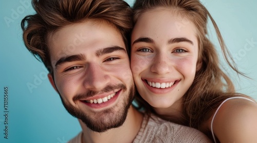 Joyful couple with trendy hairstyles smiling in a well-lit studio.