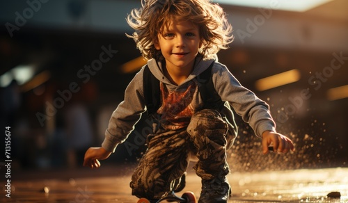 A young boy with a determined look on his face rides his skateboard with ease, his colorful clothing flapping in the wind as he navigates the outdoor terrain like a pro photo