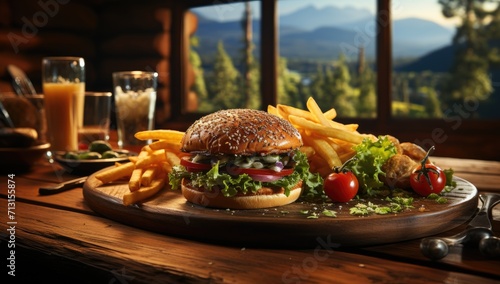 Indulge in a classic american meal of a juicy burger and crispy fries on a rustic wooden plate, accompanied by a refreshing drink, at a cozy indoor restaurant