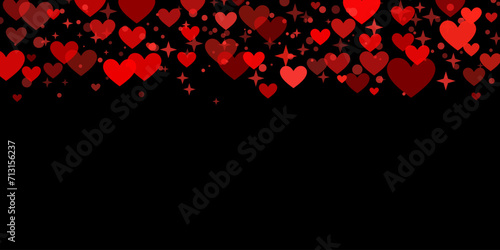 Black and red valentine day confetti background with hearts and stars, dark wallpaper