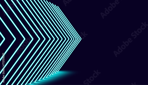 vector with neon arrows standing in a row. blue neon arrows show direction from left to right