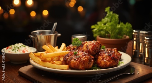 Indulge in a mouth-watering feast of crispy fried chicken wings and golden fries, served on a table with a side of fresh vegetables and savory meatballs, all in the comfort of a cozy indoor restauran photo
