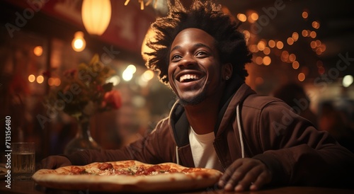 A content man enjoys a slice of delicious pizza inside a cozy shop  surrounded by the lively energy of a woman and the enticing aroma of fast food