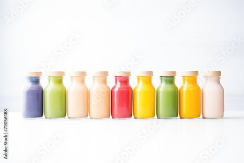 row of colorful protein smoothies in bottles against a white backdrop