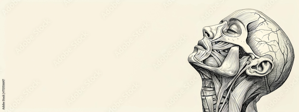 anatomical ink drawing of a human skull in profile, showcasing the intricate structures and textures of the cranial bones and facial muscles against a minimalist beige background anatomical ink drawing of a human skull in profile, showcasing the intricate structures and textures of the cranial bones and facial muscles against a minimalist beige background