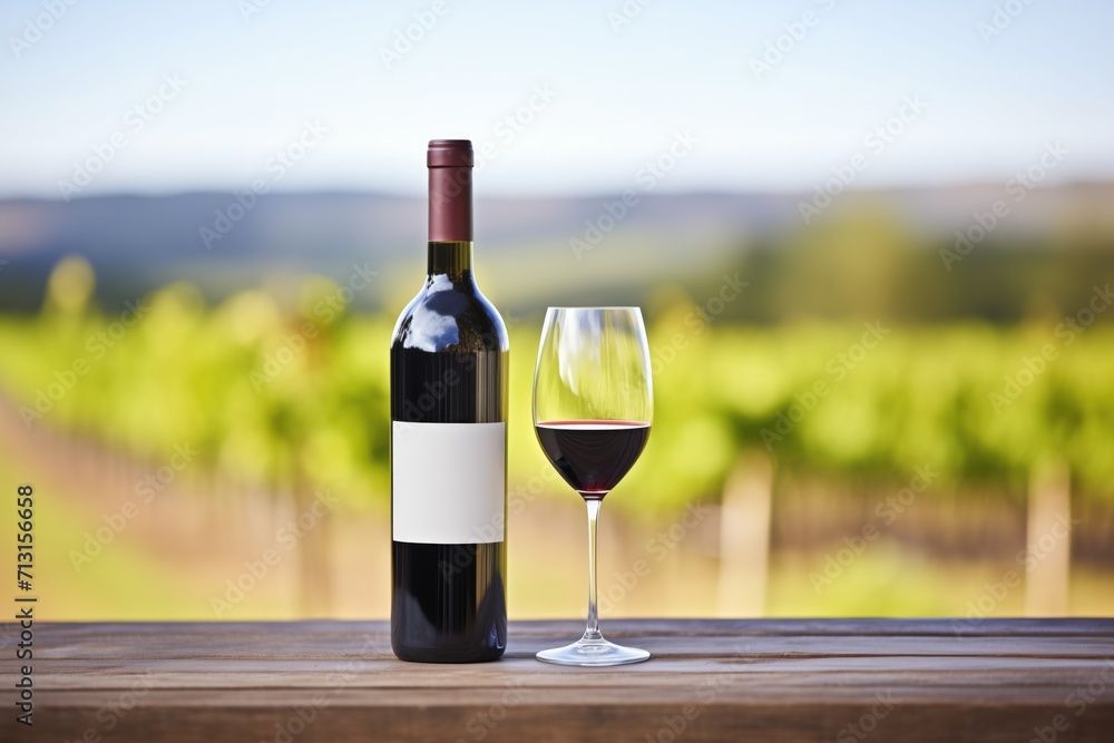 bottle of red wine with vineyard in the background