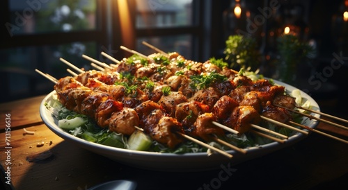 A mouthwatering assortment of grilled meat skewers from various cuisines, including yakitori, souvlaki, and churrasco, is displayed on a table, enticingly waiting to be savored as a delectable street photo
