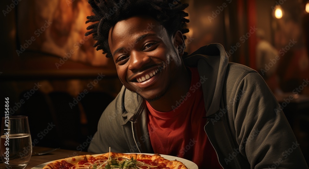 A content man enjoys his fast food meal while sitting at the table, flashing a genuine smile towards the camera against a backdrop of a colorful wall adorned with pizza