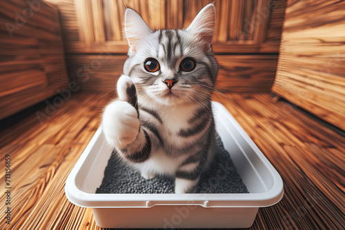 happy Cute cat sitting in litter box and looking sideways shows paw thumbs up, animal care concept photo