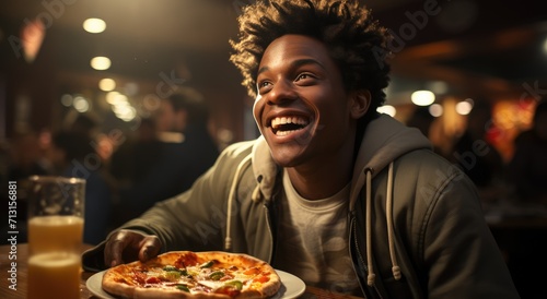 A content man indulges in the savory pleasure of pizza while sipping on a cold beer  basking in the comfort of a cozy indoor setting adorned with stylish clothing and a decorative wall