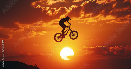 Sunset Silhouette of a Cyclist Performing a Stunt on a Hill
