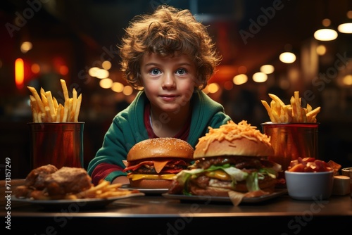 A young girl indulges in the quintessential american meal  savoring every bite of her juicy burger and crispy fries on a table filled with tempting baked goods and sandwiches  surrounded by the comfo