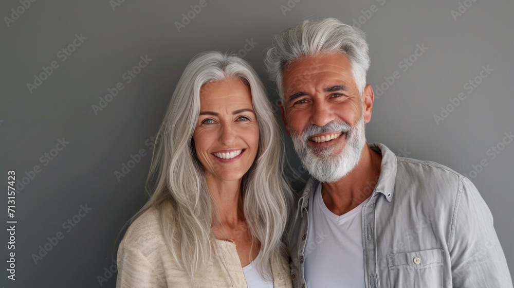 Laughter and love shine in the stylish grey hair of a senior couple. Laughter and love shine in the stylish grey hair of a senior couple.