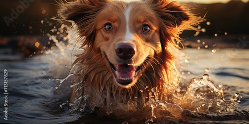 A playful brown collie splashes in the cool water, eagerly catching drops with its open mouth on a sunny day in the great outdoors © Larisa AI