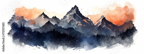 Watercolor painting of beautiful mountains, mountain peak landscape with forest fir trees, panorama banner illustration for logo or other design, isolated on white background © Corri Seizinger