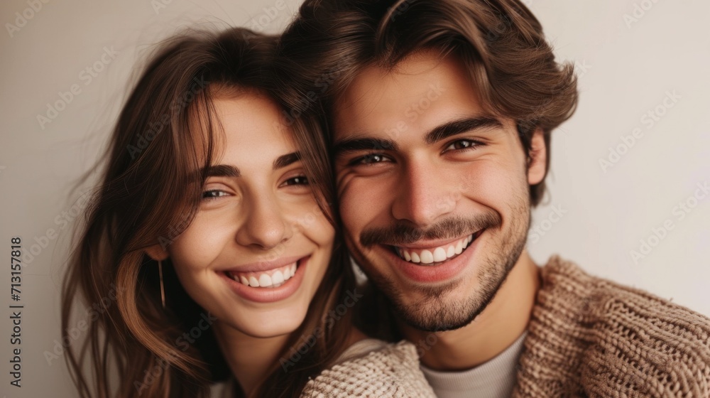 Loving couple with stylish hair posing happily against a studio light background. Loving couple with stylish hair posing happily against a studio light background.