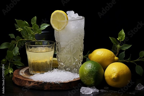 glass with crushed ice on the rim and taiti lemon on the table. Generative AI photo