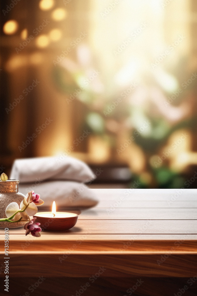 Wooden table spa bokeh background, empty wood desk product display mockup with relaxing wellness massage salon blurry abstract backdrop, body care cosmetic ads presentation. Mock up, copy space. Wooden table spa bokeh background, empty wood desk product display mockup with relaxing wellness massage salon blurry abstract backdrop, body care cosmetic ads presentation. Mock up, copy space.