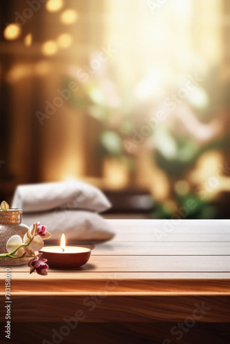 Wooden table spa bokeh background, empty wood desk product display mockup with relaxing wellness massage salon blurry abstract backdrop, body care cosmetic ads presentation. Mock up, copy space.